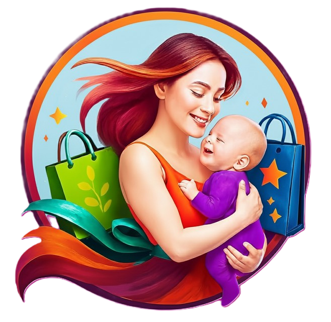 Illustration of a smiling mother holding her baby, surrounded by shopping bags
